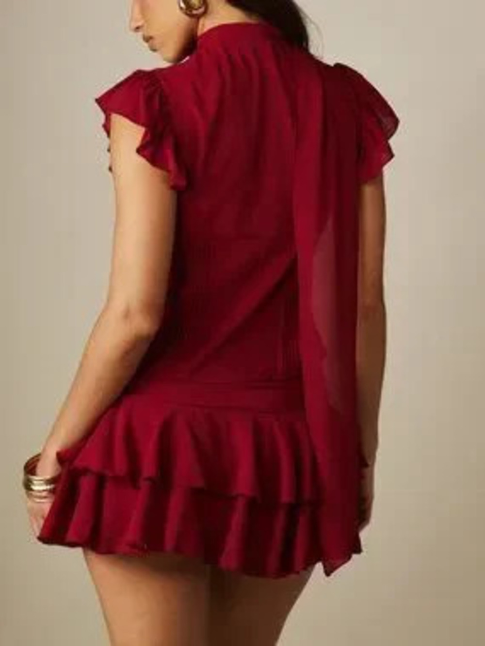 Burgundy Party Women's Ruffle Cap Sleeve High Neck Mini Dress